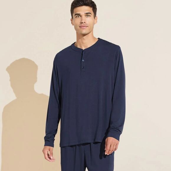 Eberjey Men's Long Sleeve Henry PJ Top Henley Shirt Navy Blue Medium Modal Blend - Picture 1 of 7